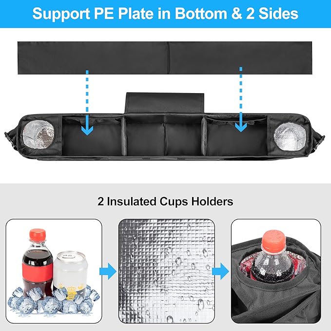 PGmoon Golf Cart Front Storage Basket with Insulated Cup Holders, No-Drilling Dash Tray Organizer Compatible with EZGO, Club Car, Kandi Electirc Golf Cart, Golf Cart Storage Organizer