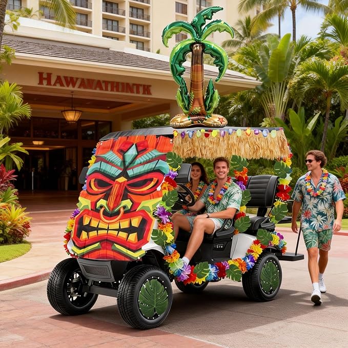 31 Pcs Luau Tropical Golf Cart Parade Decorations, Summer Tropical Golf Cart Decor with Tiki Fabric Backdrop,Hawaiian Grass Table Skirt, Hawaiian Wreath, 9.8FT LED Lights & Leaves