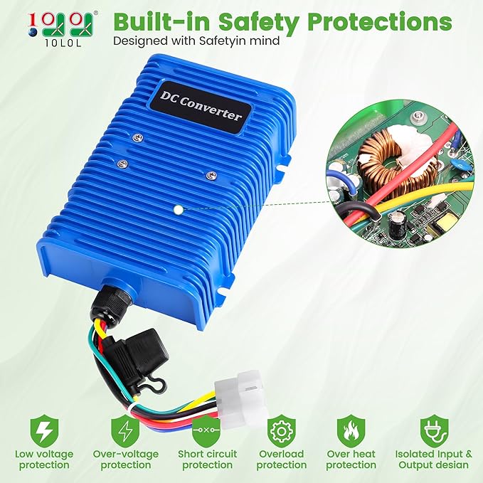 Universal Golf Cart Voltage Reducer DC Converter 36V or 48V to 12V 30 A 360W for EZGO Club Car Yamaha Golf Carts, with Power Cables