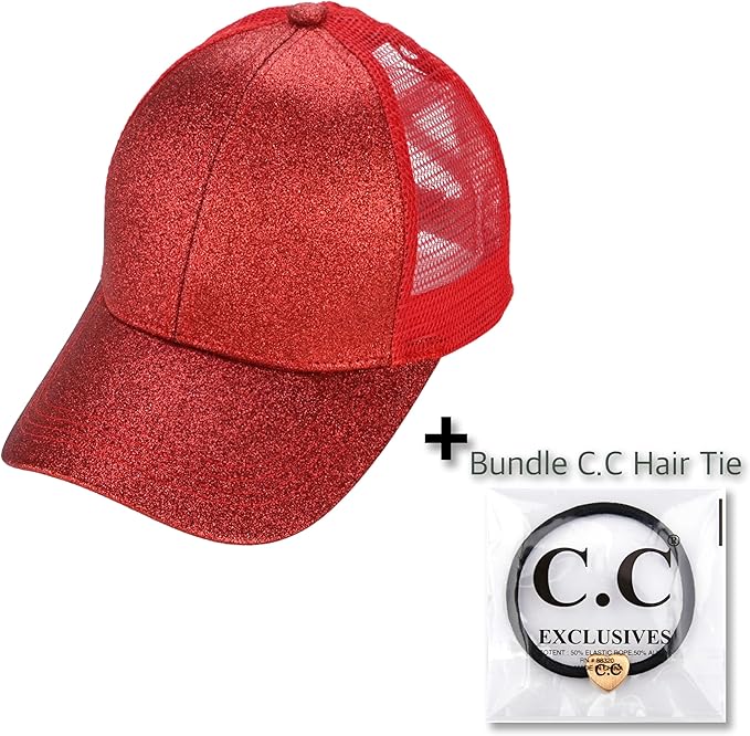 C.C Ponycap Messy High Bun Ponytail Adjustable Glitter Mesh Trucker Baseball Cap