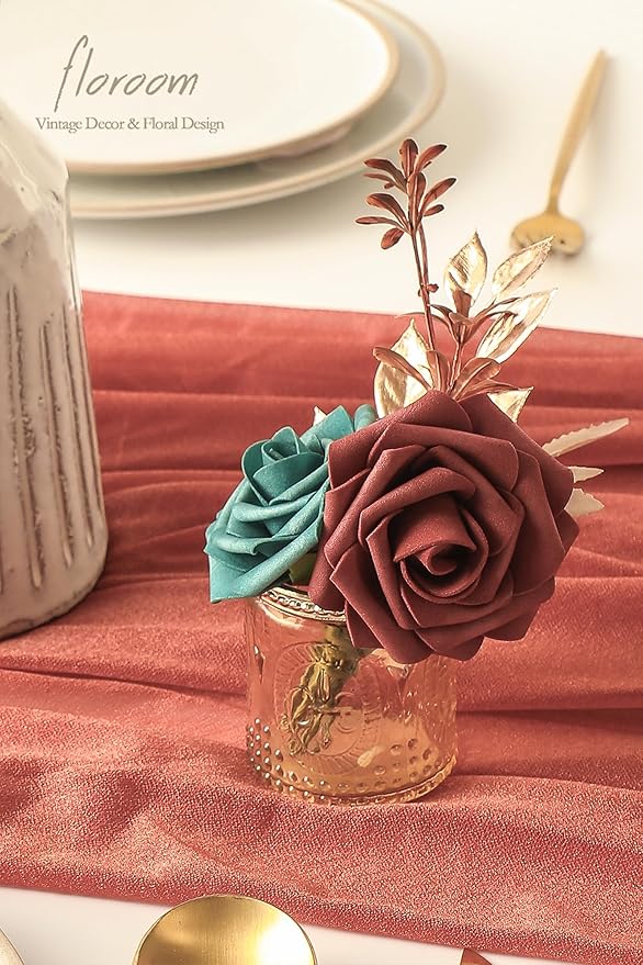 Floroom Artificial Flowers 25pcs Real Looking Teal Green Terracotta Ombre - Image 6