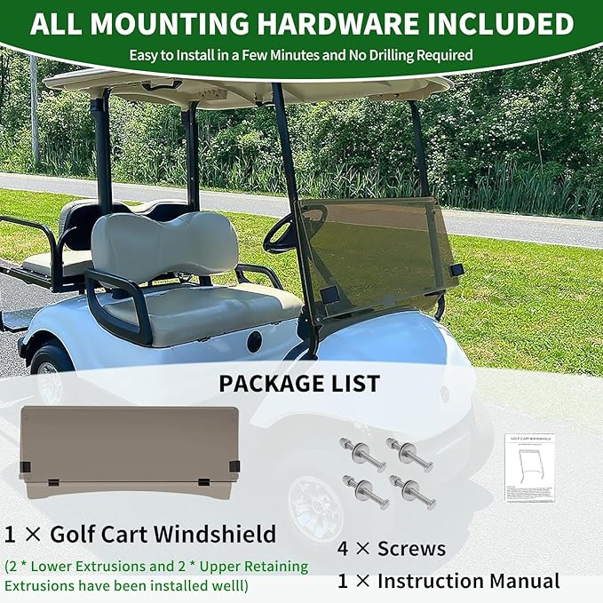 Golf Cart Foldable Windshield 3/16" (5MM) Thicken Only Fits 2007-2016 Yamaha G29/Drive, Fits 1"×1" Struts Rail Front Folding Acrylic Windshield Replacement, Included Mounting Hardware