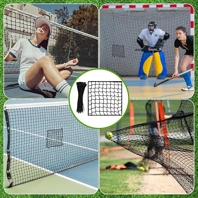 6 Pcs Universal Sports Net Repair Kits with 100 Pcs Zip Ties 8 x 8 Inch Golf Goal Nylon Netting Hole Replacement Patch for Baseball Batting Cages Hockey Football