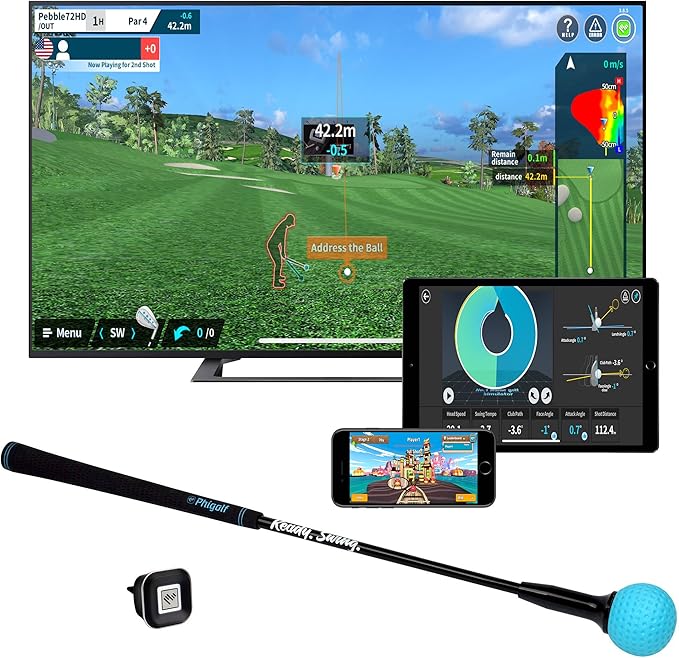 PHIGOLF Home Golf Game Simulator: Enjoy Interactive Golf with Motion Sensor & Swing Stick for Indoor & Outdoor Fun – 38,000+ Courses Worldwide, Compatible with Android, iOS, App & E6 Connect