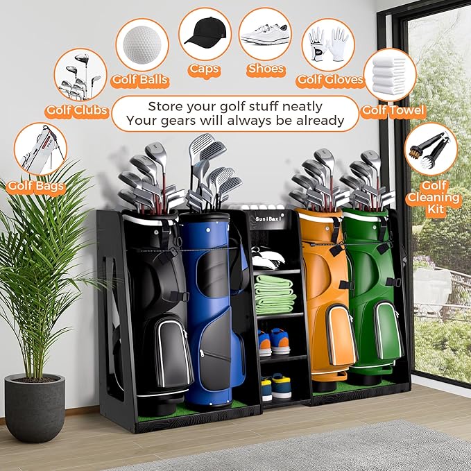 SuniBoxi Wooden Golf Storage Organizer for Garage, Premium Golf Bag Holder Rack for Golfing Accessories, Great Gift for Golfers,Husband, Dad