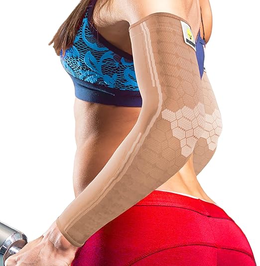 Sparthos Arm Compression Sleeves - Elbow Brace for Recovery, Support for Athletic Sports Running Tennis Baseball Lifting Football Gym Fit Shooting Weightlifting Golf - Mens and Womens (Beige-L)