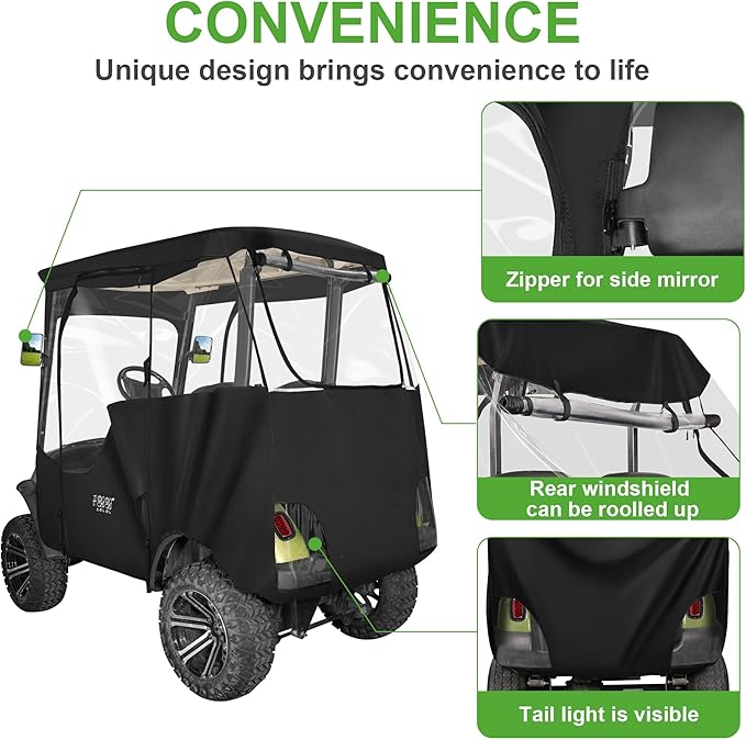10L0L 2/4 Passenger Golf Cart Enclosure for Yamaha G14 G16 G22 G29 Drive 2,Waterproof 600D Rain Cover,with Side Mirror Opening,Transparent Tail Light Panel,Foldable Door,4-Sided Clear Windows