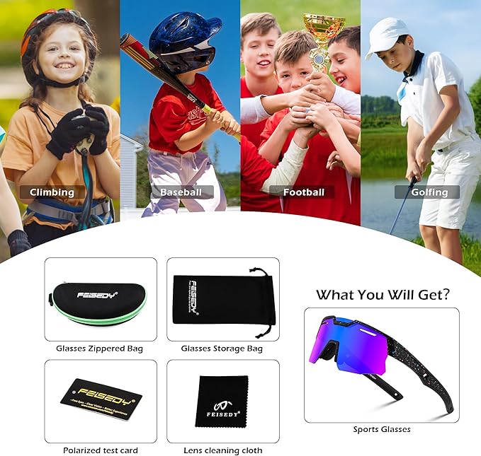 FEISEDY Kids Sunglasses Youth Baseball Sun Glasses, UV400 Sports Teens Cycling Shades for Boys Girls Age 8-16 B0048