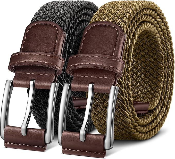 BULLIANT Belt for Men 2Pack,Mens Gift Stretch Braided Web Belt Elastic for Casual Golf Jeans,1 3/8"