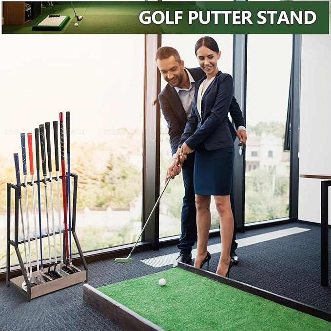 Golf Club Holder for 9 Clubs & 9 Balls, Solid Wood & Iron Golf Organizer, Golf Putter Holder Floor Stand, Golf Club Stand Suitable for Golf Simulators｜Golf Course Accessories