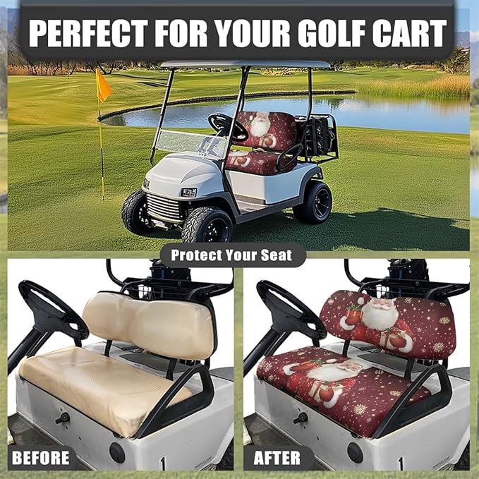 Bulopur Christmas Santa Claus Golf Cart Seat Towel Covers for Front Seats, Xmas Club Car Golf Cart Seat Covers Universal Accessories for Golfcart Cushion Blanket