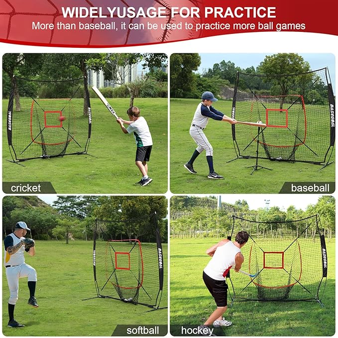 BaseGoal 6'×6' Baseball Softball Practice Net,Baseball Backstop,with Batting Tee,Ball Caddy,for Hitting Pitching Batting Catching with Bow Frame,Bonus Strike Zone,Target,Portable and Foldable