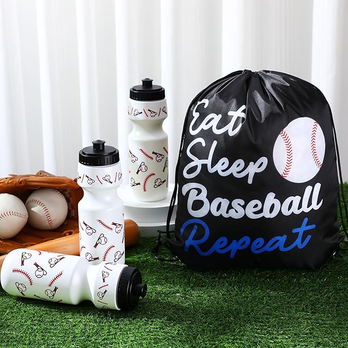 Reallnaive 24 Pcs Baseball Party Favors Gifts, 24 oz Baseball Water Bottles Reusable Sport Squeeze Drinking Cup, Eat Sleep Drawstring Bag Sport Pack Cinch Sack for School Team Gift Event Accessories
