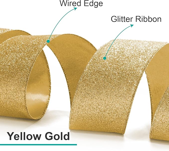 CT CRAFT LLC Glitter Wired Ribbon 1.5" x 10 Yards Yellow Gold - Image 2