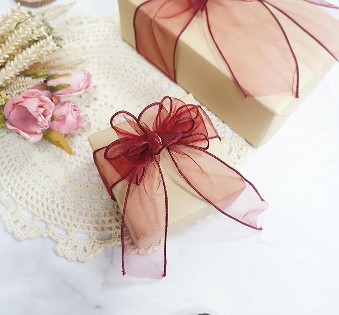 CT CRAFT LLC Sheer Organza Wired Ribbon 1.5" x 50Yards Burgundy - Image 5