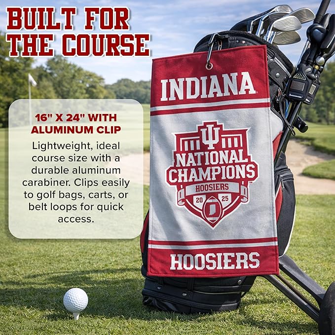 Indiana Hoosiers 2025 National Championship Golf Towel, 16" x 24" Microfiber Towel with Aluminum Clip, Officially Licensed NCAA Accessory