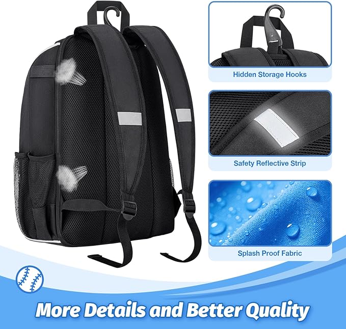 Youth Baseball Bag - Baseball Backpack Bat & Glove Holder, T-Ball & Softball Equipment & Gear,Large Main Compartment for Helmet & accessories, Fence Hook，Insulation Pocket