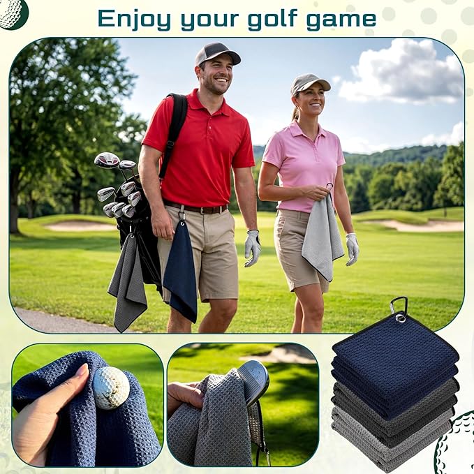Batiyeer Golf Towel Bulk for Golf Bags 16'' x 16'' Microfiber Fabric Towel with Clip Waffle Pattern, Fitness, Camping, Hiking, Yoga