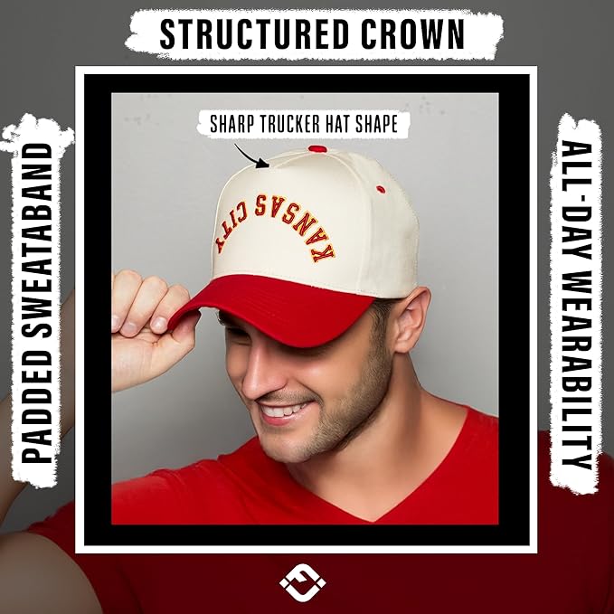 Funky Junque Upside Down City Trucker Hat for Men and Women – Unisex 3D Embroidered Gameday Baseball Cap, Retro Snapback Hats