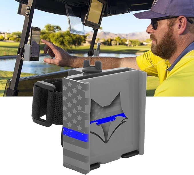 DESERT FOX GOLF Phone Caddy – American Flag Golf Cart Phone Holder – Secure Velcro Mount, One-Hand Access, Universal Fit, Patriotic Golf Accessories (Blue Line)