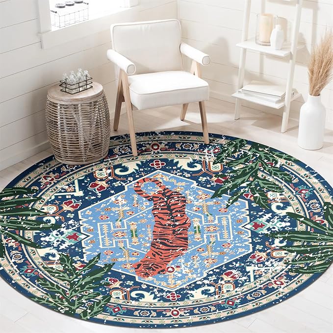 Washable Blue Rugs Thin Oriental Boho Vintage Tropical Leopard 5ft Round Area by Aldopein