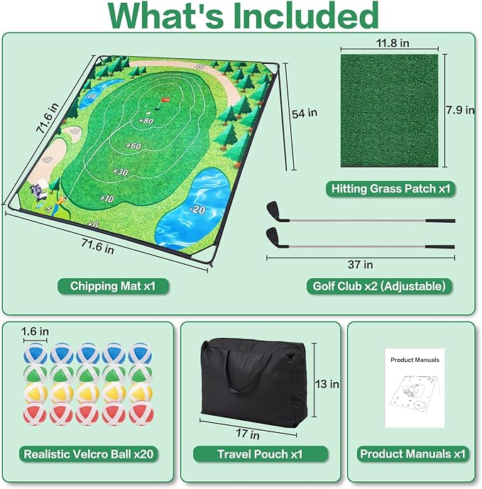 Golf Chipping Game Set, 71"x71" Outdoor Portable Sticky Golf Game, Indoor Chipping Practice with 2 Adjustable Clubs, 20 Sticky Balls for Young Adults, Fathers & Golfers Family Backyard