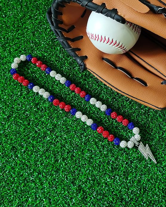 Baseball Necklace for Men 16/18/20 Inch Bling Ice Collection Lightning Bolt Pendant Necklace for Women Rhinestone Clay Beaded Discoball Accessories Gifts for Baseball Team Players Lovers