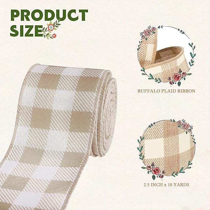 Burlap Ribbon Wired, Farmhouse Buffalo Plaid Ribbon Rustic Fabrics - Image 2