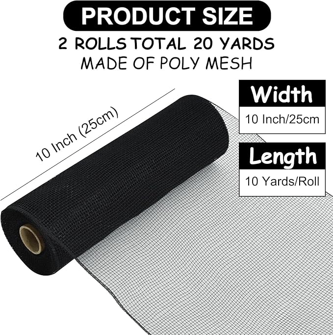 TONIFUL 2 Rolls 10 Inch Black Decorative Mesh Ribbbon Rolls, Fabric Mesh - Image 2