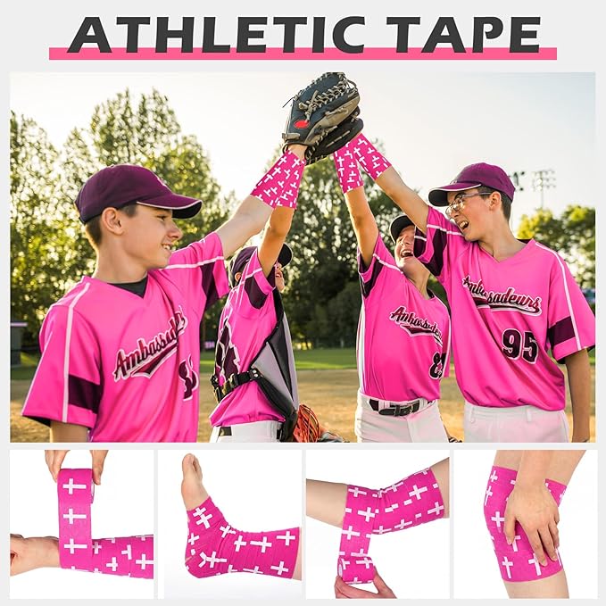 TrelaCo 1 Pcs Wrist Tape Baseball Cross Athletic 2in x 23ft Cotton Cross Wrist Tape Serrated Edges for Fingers Ankles Injury Wrap, Football Baseball Hockey Soccer (Rose Red with White)