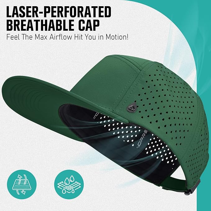 AOPREL Flat Brim Baseball Cap for Men Adjustable Water-Resistant Performance Hat with Breathable Laser Perforated