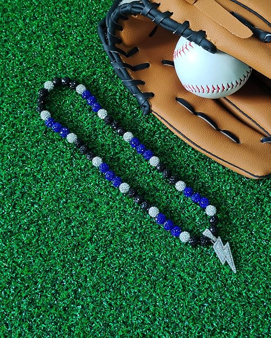 Baseball Necklace for Men 16/18/20 Inch Bling Ice Collection Lightning Bolt Pendant Necklace for Women Rhinestone Clay Beaded Discoball Accessories Gifts for Baseball Team Players Lovers