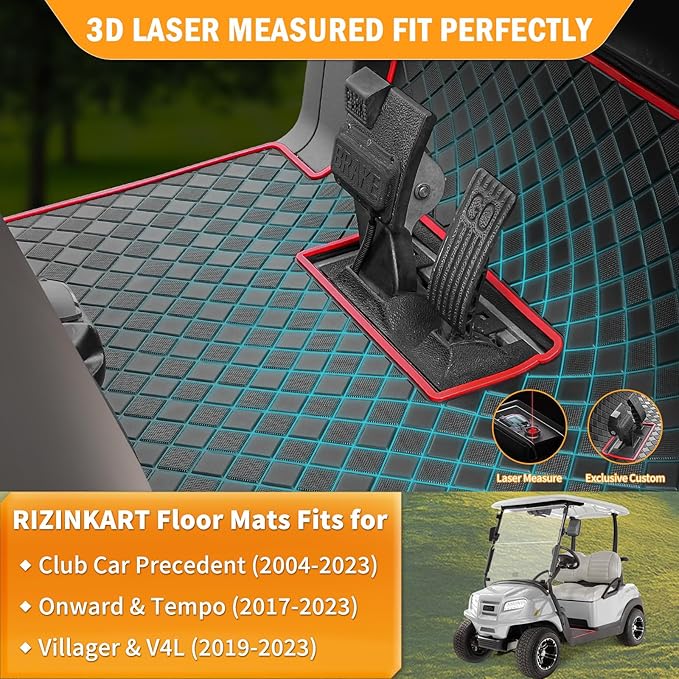 8mm Heavy Duty Rubber Golf Cart Floor Mat,Upgraded Full Coverage Liner for Club Car Precedent 2004-2025,Onward&Tempo 2017-2025,Villager & V4L 2019-2025,Non-Slip Textured,Red Trim
