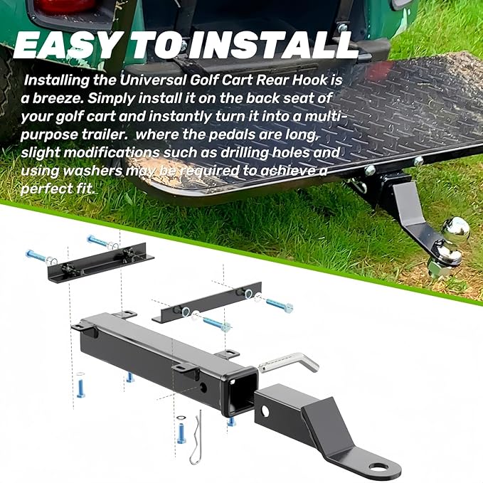 Golf Cart Hitch, Trailer Hitch with 2 Inch Receiver, High-Strength Universal Fit,Trailer Kit for Club Car, Ezgo, Yamaha Golf Cart Back Seat Footrest