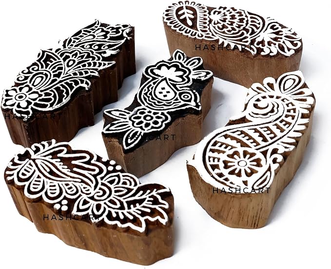 Wooden Stamps for Block Printing on Saree Border, Tattoo Set of 5 by Hashcart