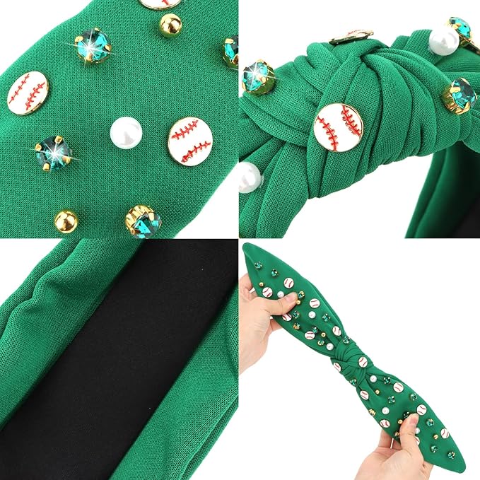 Baseball Headbands for Women Crystal Baseball Embellished Wide Top Knot Headband for Women Game Day Hair Accessories (Green)