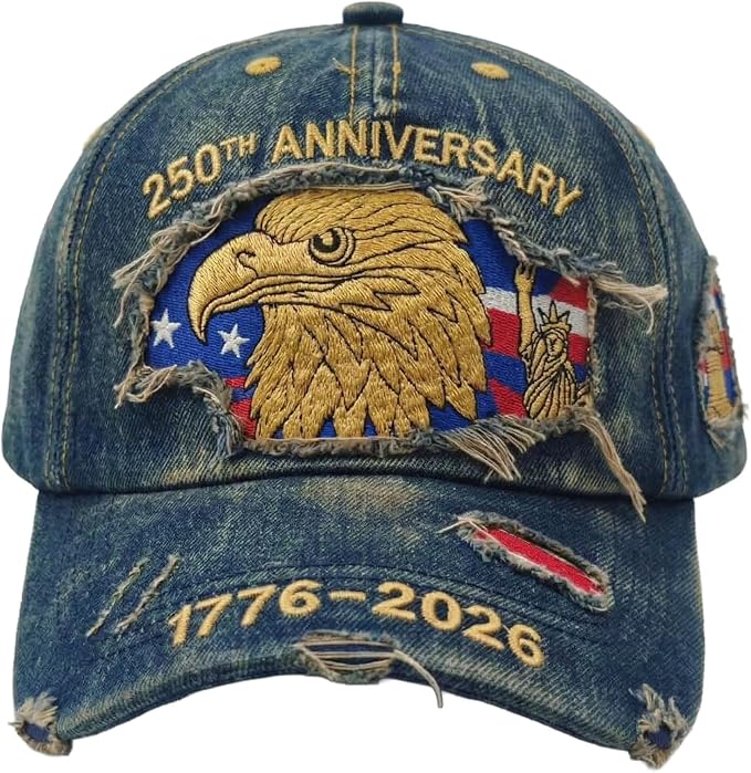 USA 250th Anniversary Hat, Adjustable 250th Anniversary Printed Patriotic Baseball Caps, Tribute Retro Washed Hat