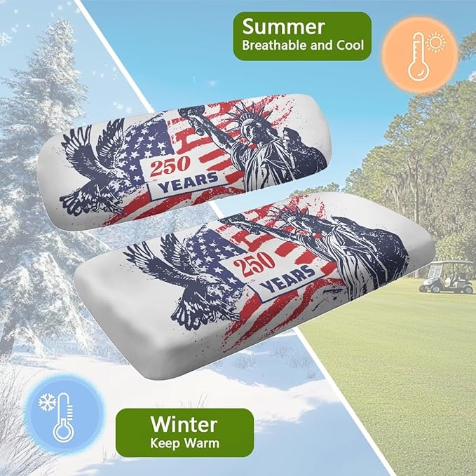 Yewatlles Golf Cart Seat Covers Seat Kit, Printed Breathable Golf Cart Seat Cushions Golf Blanket Golf Club Car Accessories 250 Years American Flag Pattern