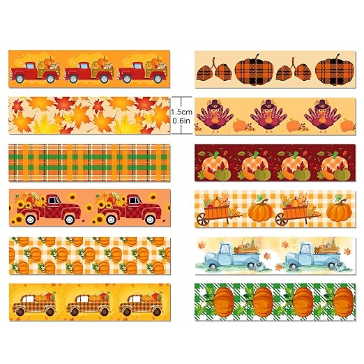 12 Pcs Thanksgiving Print Masking Tape Fall Maple Leaf Washi Tape Pumpkin - Image 3