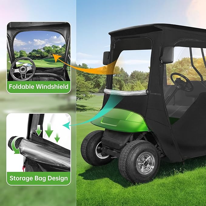10L0L 2 Passenger Golf Cart Enclosure for EZGO TXT & RXV, 600D Waterproof Golf Cart Rain Cover, Heavy Duty Driving Enclosure, Snowproof Windproof, with Clear PVC Windows & Tail Light Panel - Roof 59”