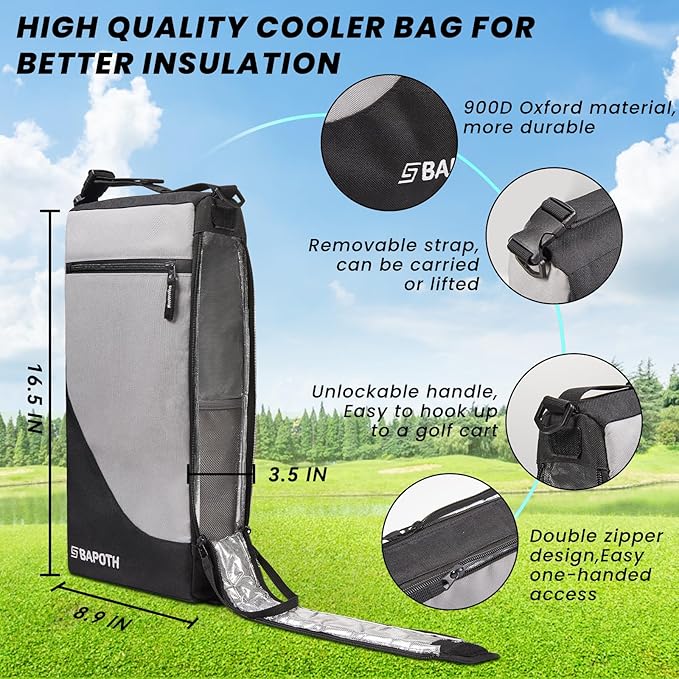 Golf Cooler Bag with 4 Ice Pack for 6 Hours, Large Capacity Golf Cooler Bag Hold 9-Can 12oz, 6-Can 16oz, 2 Bottle 750ml, Detachable Shoulder Strap for GolfCourse & Outdoor Parties