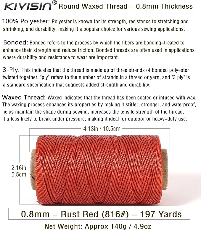 Bonded 0.8mm Round Waxed Polyester Cord, 3-ply Wax Coated Thread, 197 Yards - Image 2