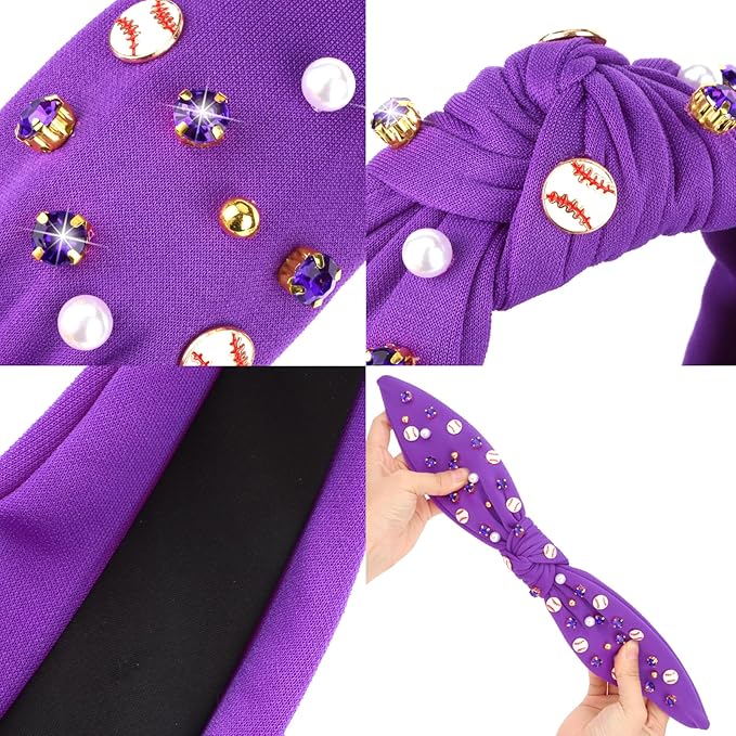 Baseball Headbands for Women Crystal Baseball Embellished Wide Top Knot Headband for Women Game Day Hair Accessories (Purple)