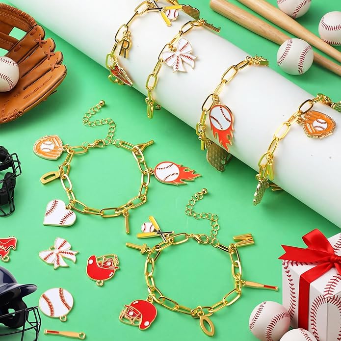 Kigeli 394 Pcs Sports Bracelets for Women DIY Game Bracelets kit Softball Baseball Football Jewelry Crafts Adjustable Gold Letter Charms Keychain for Team Sport Lovers Gifts