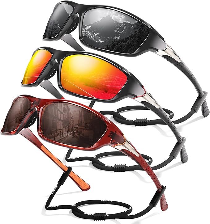 3 Pack Polarized Sports Sunglasses for Men, Mens Sunglasses Wrap Around UV Protection for Cycling Fishing Driving