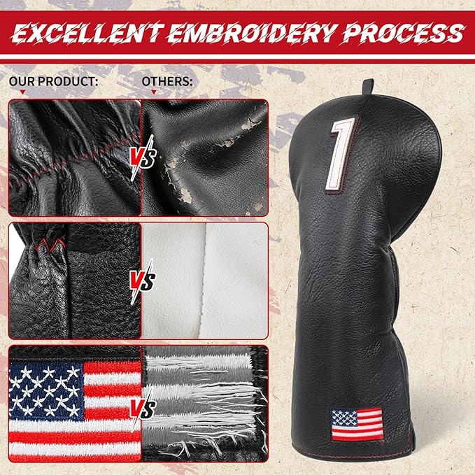 Golf Head Covers, US Flag Patriotism Golf Club Cover for Woods and Driver, Fairway, Hybrid - Premium Leather Golf Club Head Covers with Interchangeable Tags