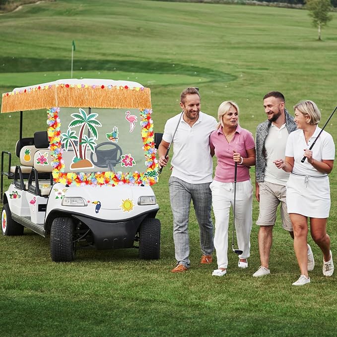 Zeyune 19 Pcs Summer Parade Golf Cart Decorations Kit Hawaiian Luau Grass Fringe Banner 19.7 ft Plastic Flower Lei Garland Summer Luau Stickers for Golf Cart Summer Theme Decorations