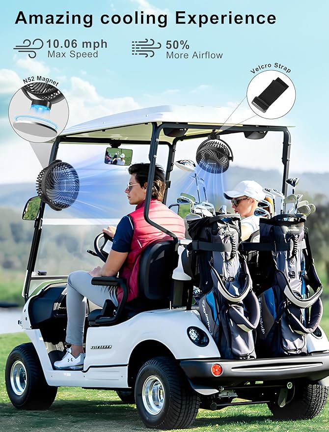 Magnetic Golf Cart Fan Rechargeable, 12000mAH Battery Operated Portable Fan with 3 Speeds, LED Lantern, Magnetic Base, Compatible with EZGO Club Car Yamaha, Golf Cart & Cruise Ship Accessories