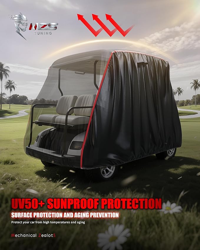 MZS Golf Cart Cover Compatible with 2/4/4+2 Passenger Car, Heavy Duty 600D Waterproof Golf Cart Covers Outdoor Accessories with Zipper Cotton Wind Sun Rain Proof Reflective Vents