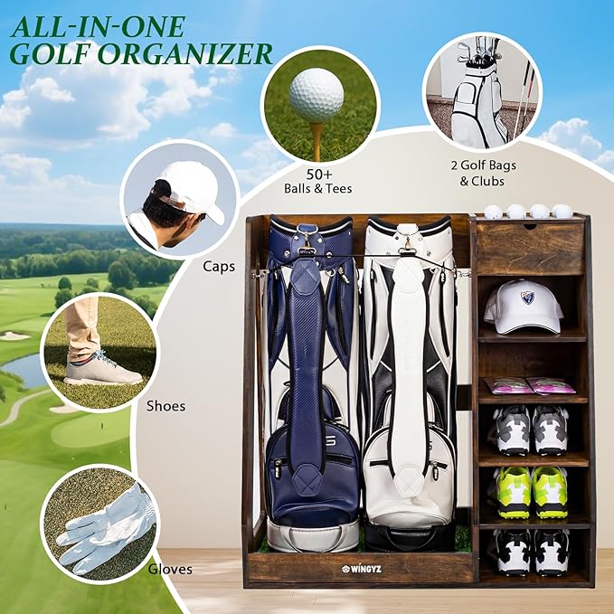 WINGYZ Premium Birch Plywood Golf Bag Storage for 2 Bags | 36lb Rock-Solid Golf Bag Organizer | 7-Shelf Command Center | Artificial Turf 12-Ball Display | No Wall Mounting Required (Brown)